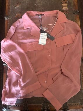 Tahari Rose Pink Button-Front Blouse with Flap Pockets
